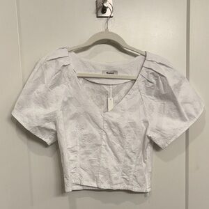 Madewell White Eyelet V-Neck Puff Sleeve Crop Top
